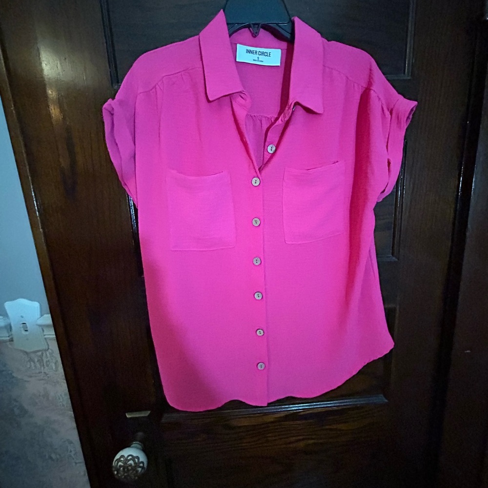 Vibrant Pink Cap Sleeve Button Down Shirt